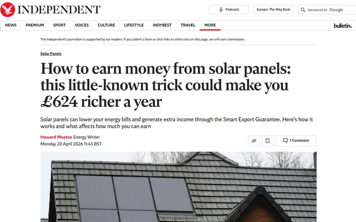 Newspaper article reporting what households earn from the electricity their solar panels send back to the grid